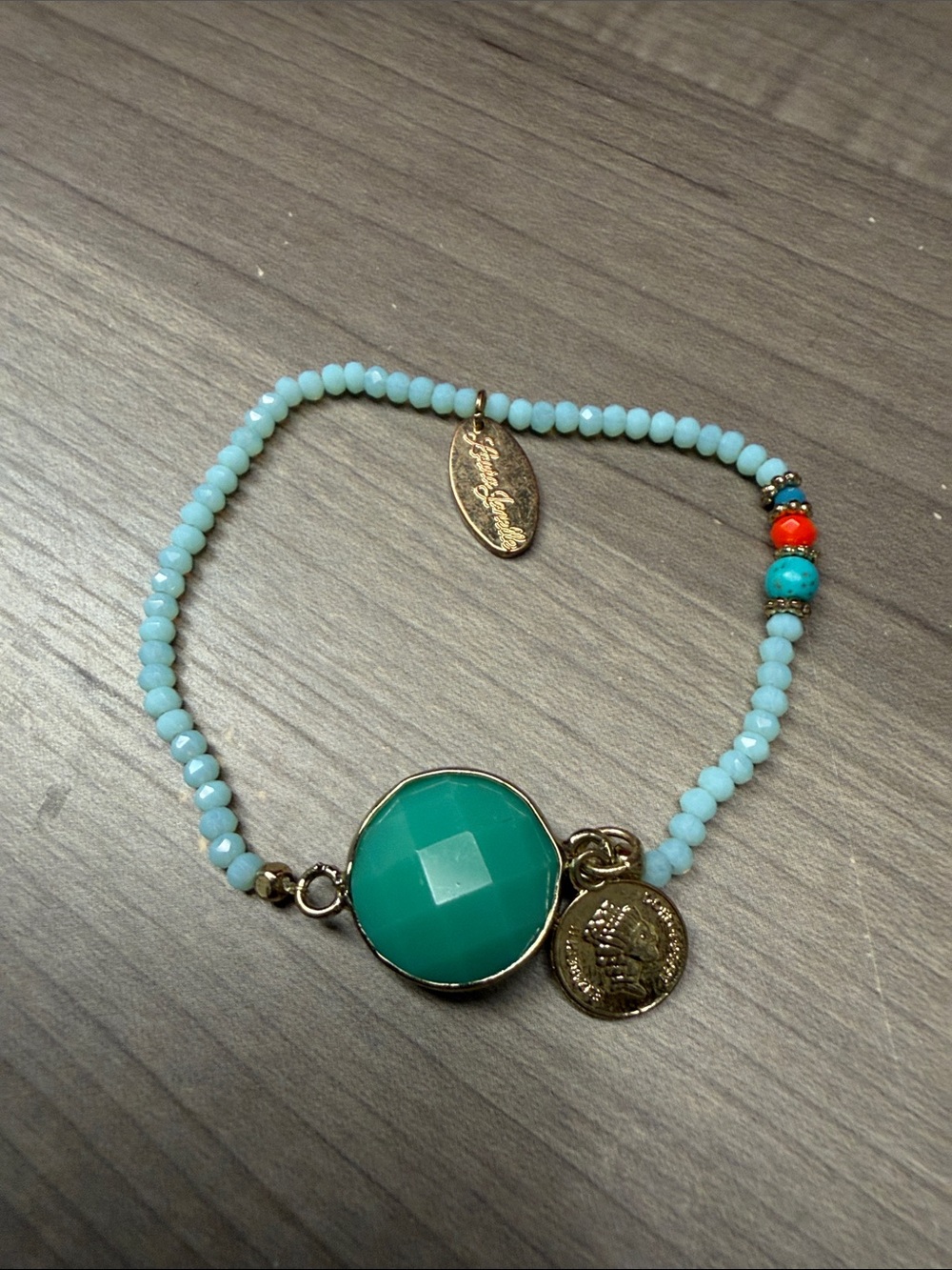 Laura Janelle Aqua Beaded Bracelet with Teal Faceted Stone and Gold Coin Charms